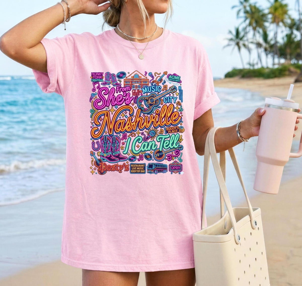 She's From Nashville I Can Tell, Nashville Bachelorette, Bar Neon Graphic Tee, Nashville Girls Trip Shirt,  Neon Country Music T-Shirt