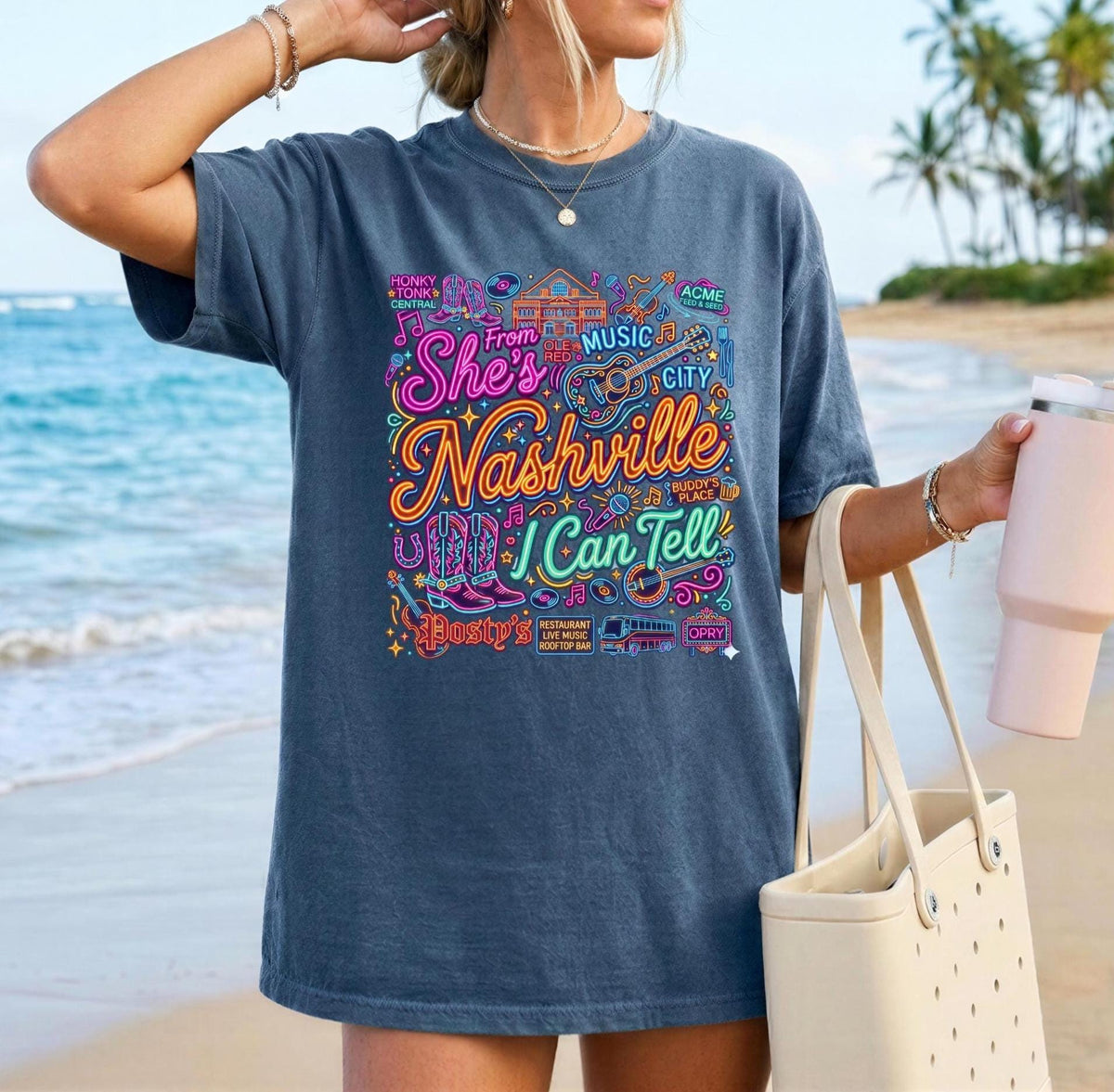 She's From Nashville I Can Tell, Nashville Bachelorette, Bar Neon Graphic Tee, Nashville Girls Trip Shirt,  Neon Country Music T-Shirt