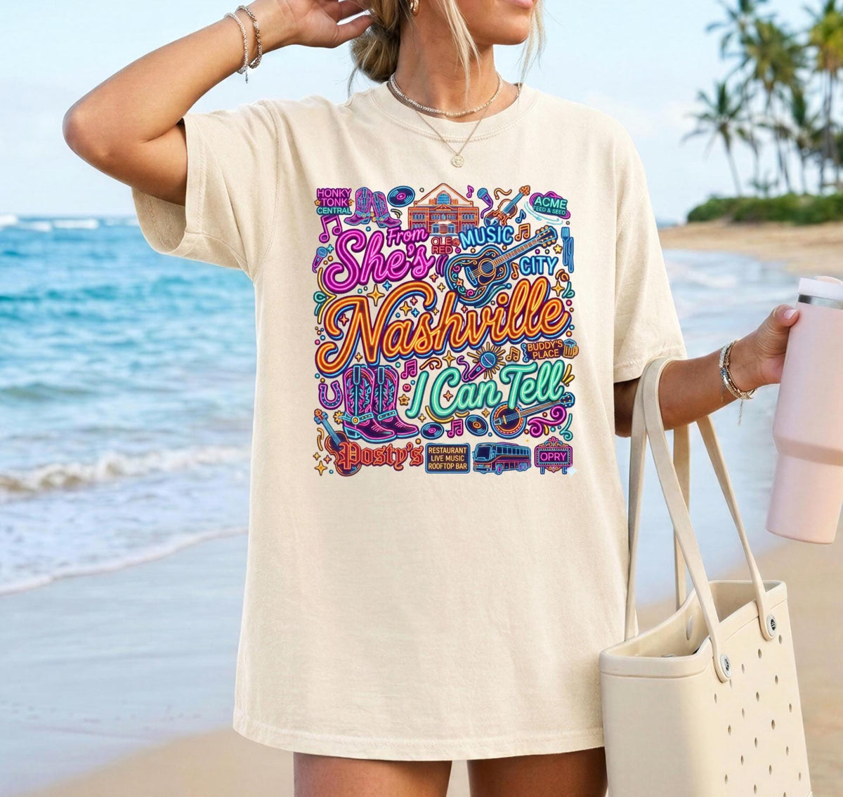 She's From Nashville I Can Tell, Nashville Bachelorette, Bar Neon Graphic Tee, Nashville Girls Trip Shirt,  Neon Country Music T-Shirt