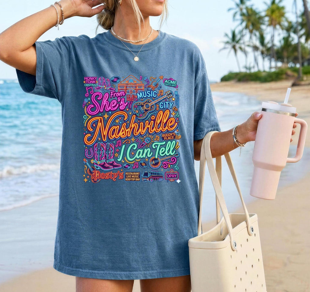 She's From Nashville I Can Tell, Nashville Bachelorette, Bar Neon Graphic Tee, Nashville Girls Trip Shirt,  Neon Country Music T-Shirt