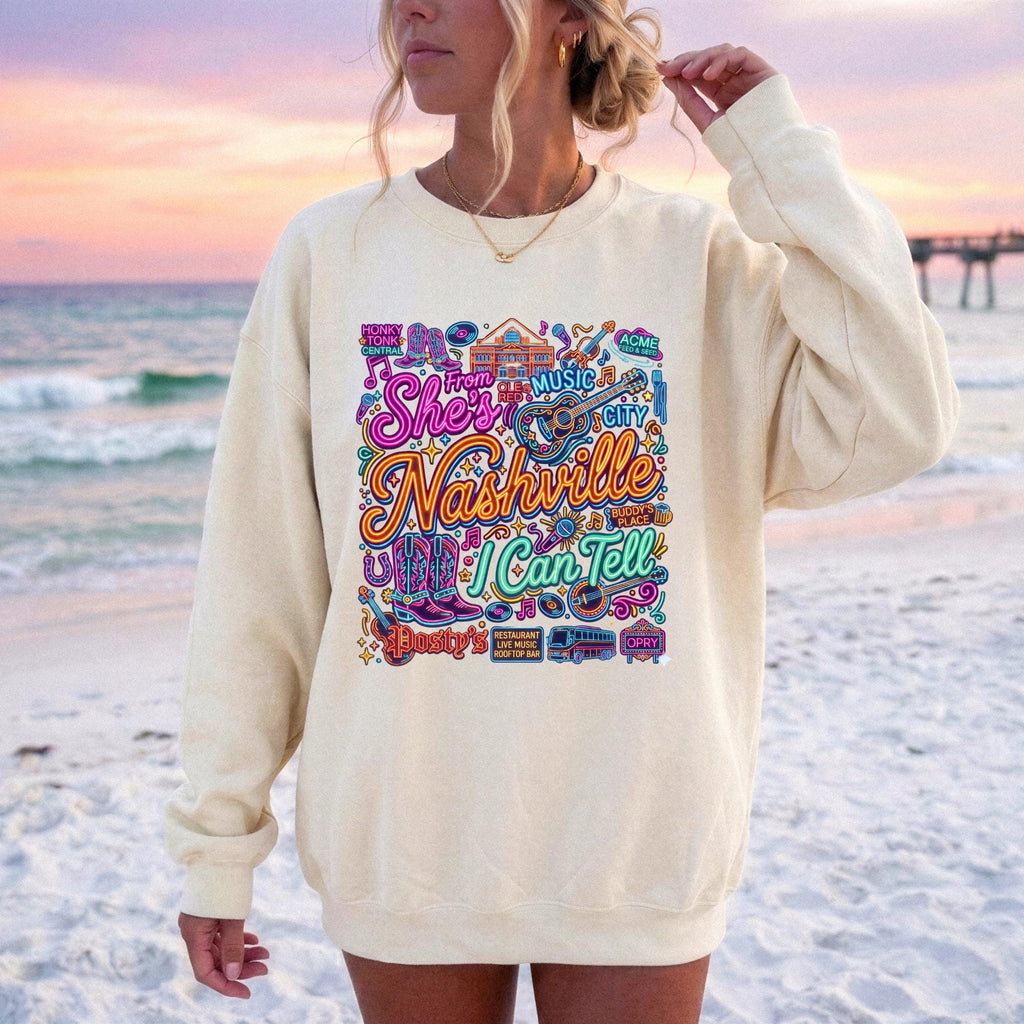 Retro Nashville Crewneck Sweatshirt | She's From Nashville I Can Tell Top,| Country Music City Crewneck, Nashville Bachelorette Girls Trip