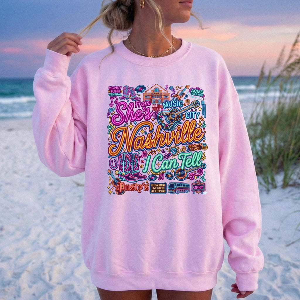 Retro Nashville Crewneck Sweatshirt | She's From Nashville I Can Tell Top,| Country Music City Crewneck, Nashville Bachelorette Girls Trip