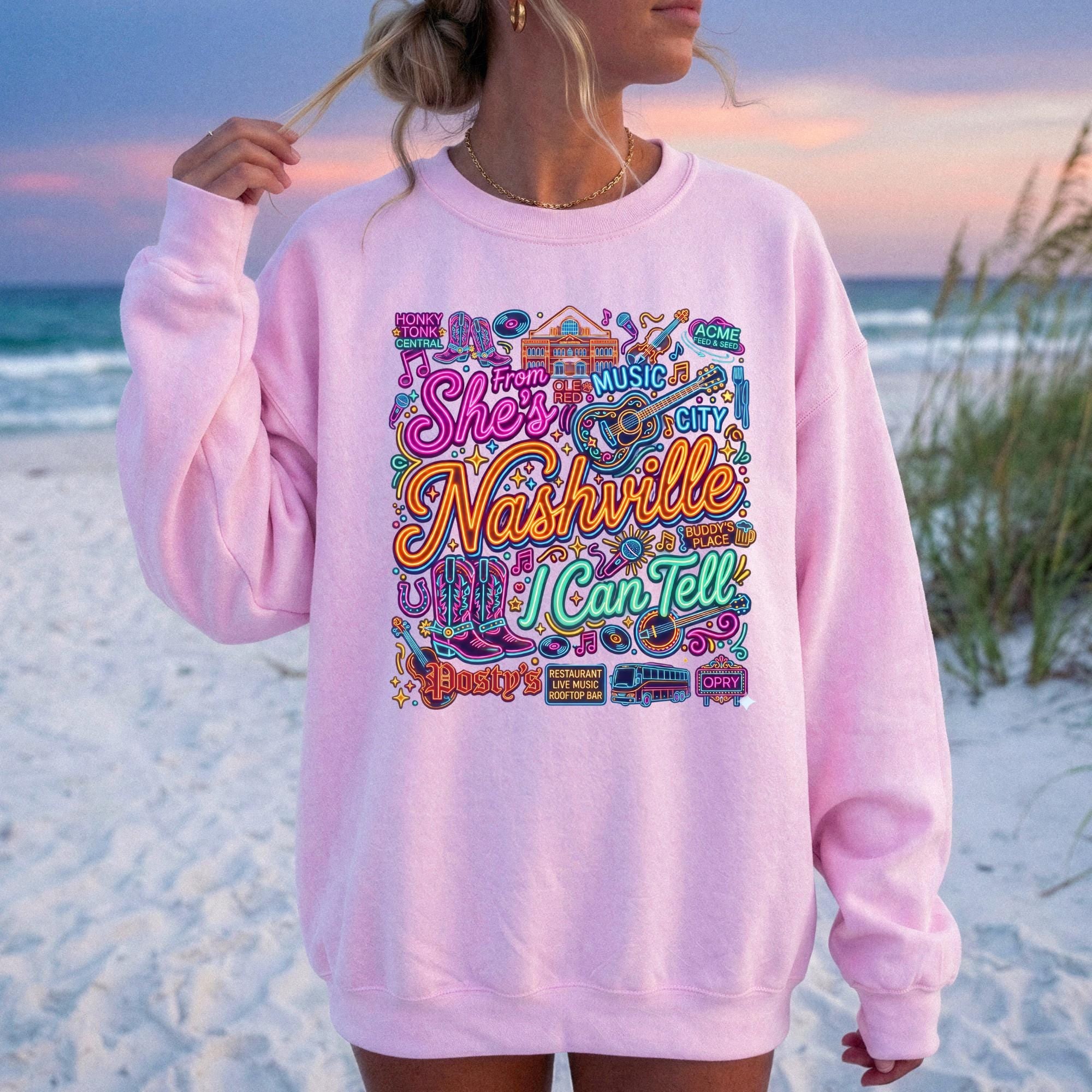 Retro Nashville Crewneck Sweatshirt | She's From Nashville I Can Tell Top,| Country Music City Crewneck, Nashville Bachelorette Girls Trip
