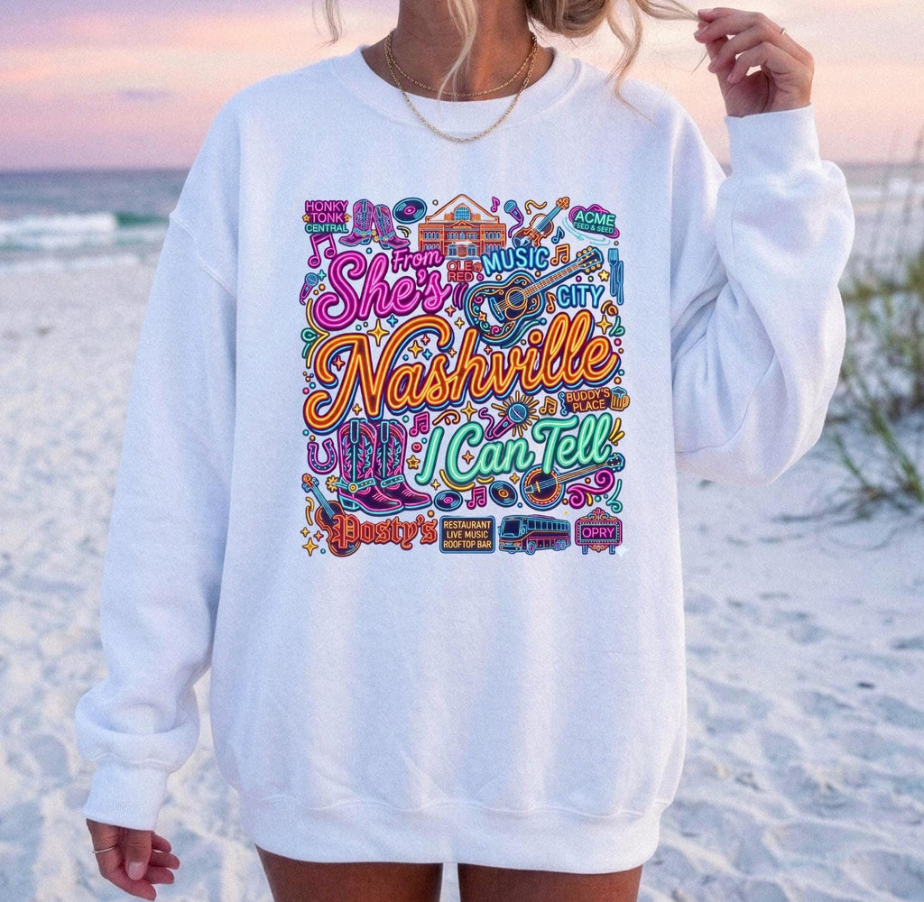 Retro Nashville Crewneck Sweatshirt | She's From Nashville I Can Tell Top,| Country Music City Crewneck, Nashville Bachelorette Girls Trip