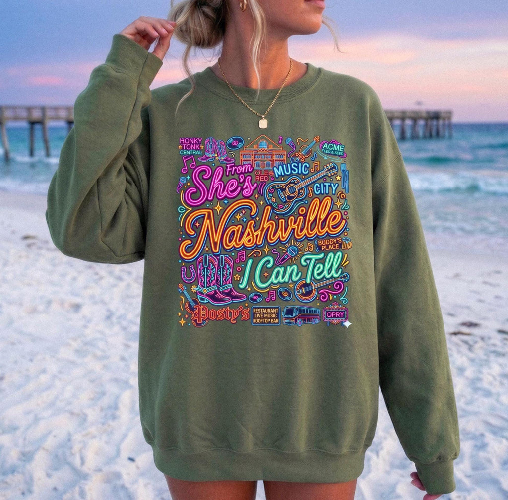 Retro Nashville Crewneck Sweatshirt | She's From Nashville I Can Tell Top,| Country Music City Crewneck, Nashville Bachelorette Girls Trip