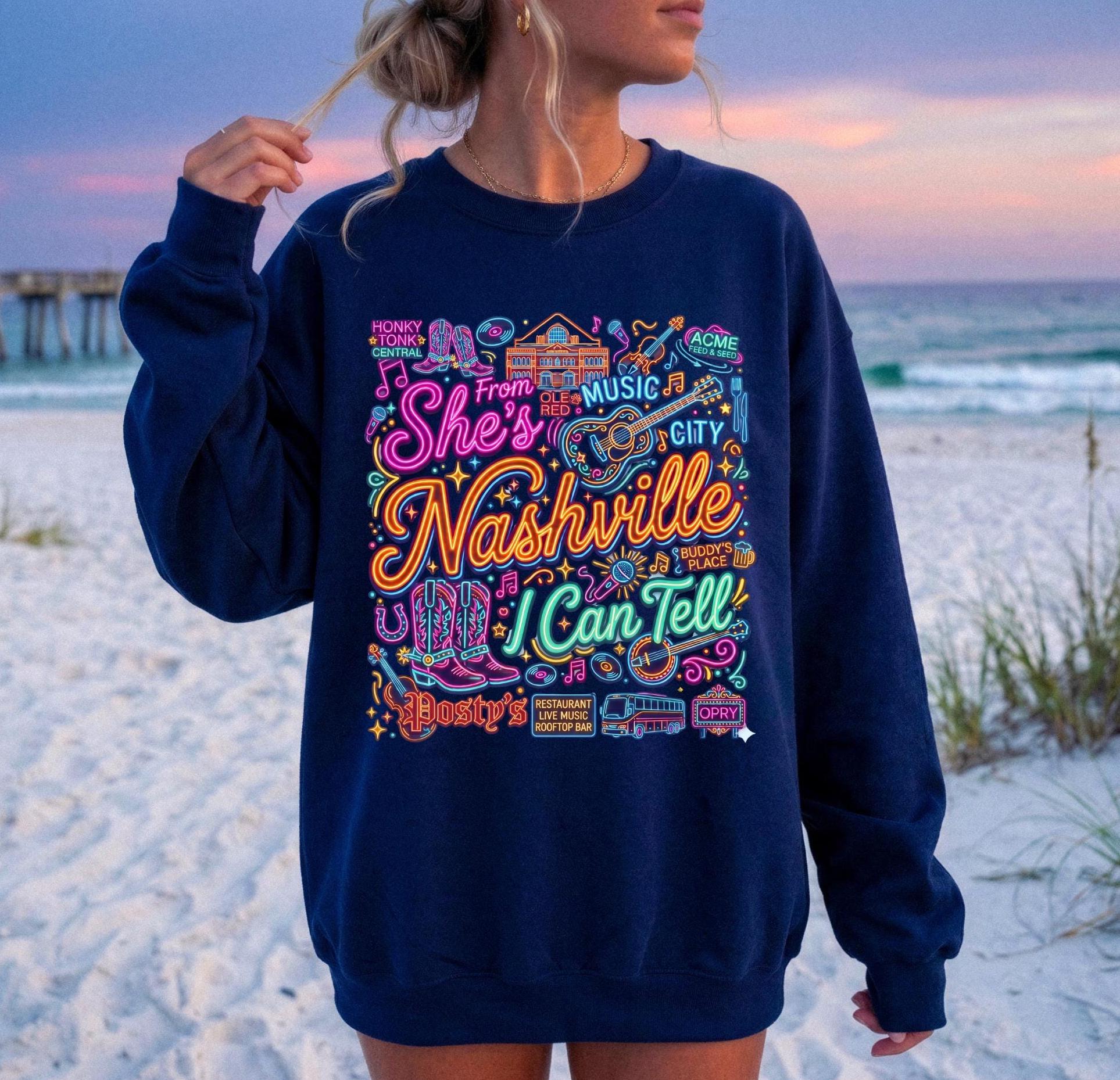 Retro Nashville Crewneck Sweatshirt | She's From Nashville I Can Tell Top,| Country Music City Crewneck, Nashville Bachelorette Girls Trip