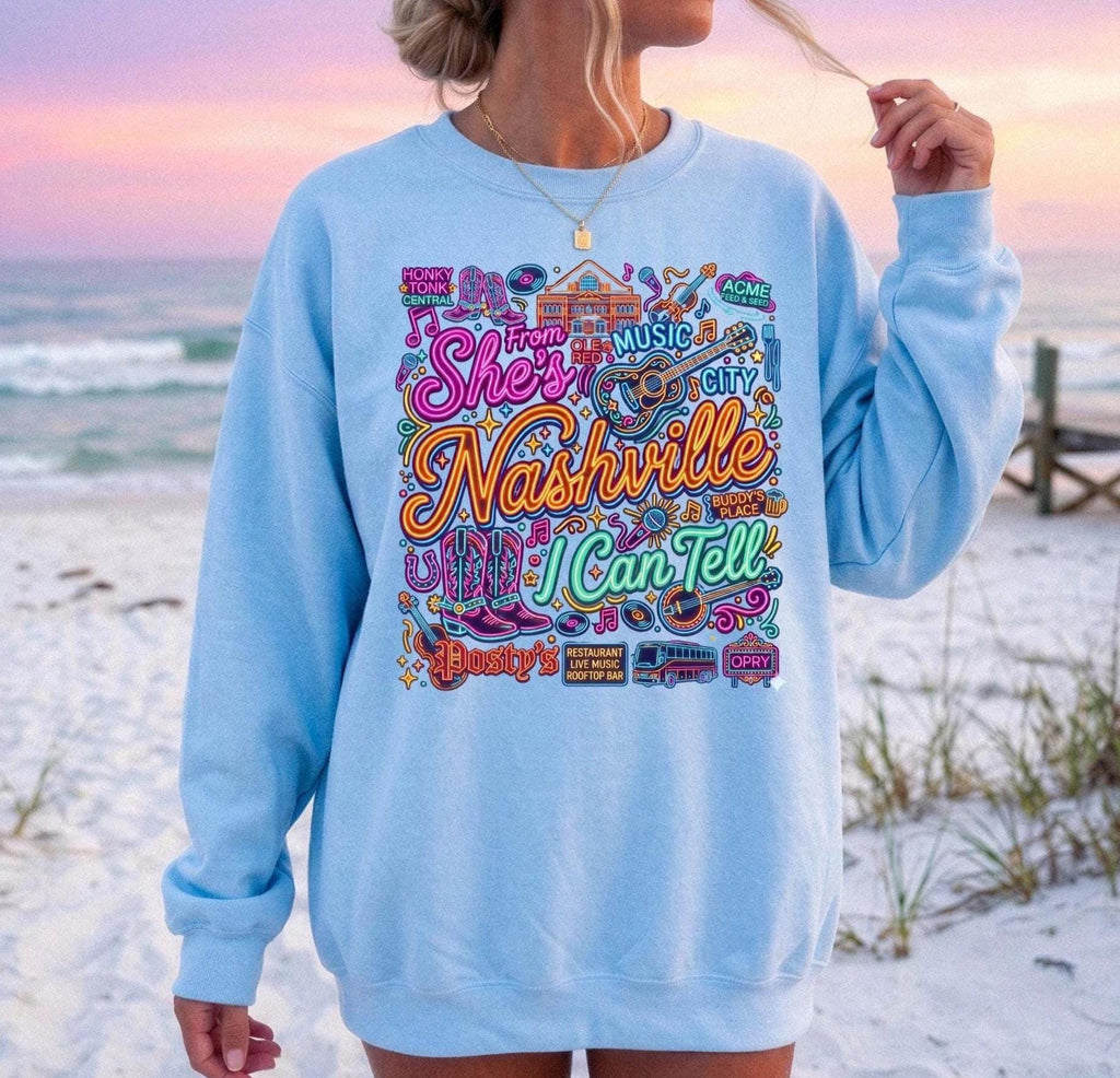 Retro Nashville Crewneck Sweatshirt | She's From Nashville I Can Tell Top,| Country Music City Crewneck, Nashville Bachelorette Girls Trip