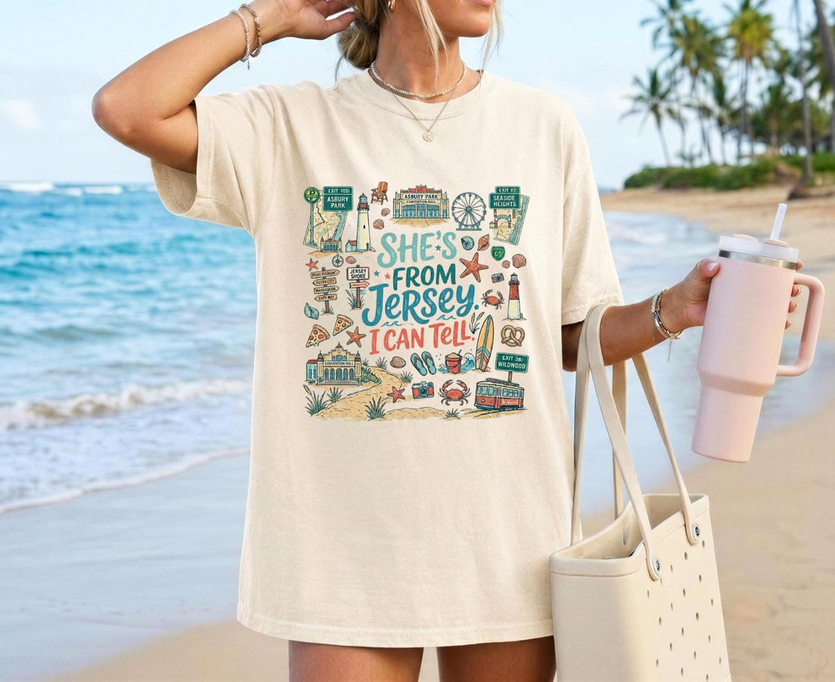 She's From Jersey I Can Tell Shirt, Comfort Colors 1717 Jersey Shore Tee, New Jersey Beach Vacation T-Shirt, Coastal Jersey Girl Graphic Tee