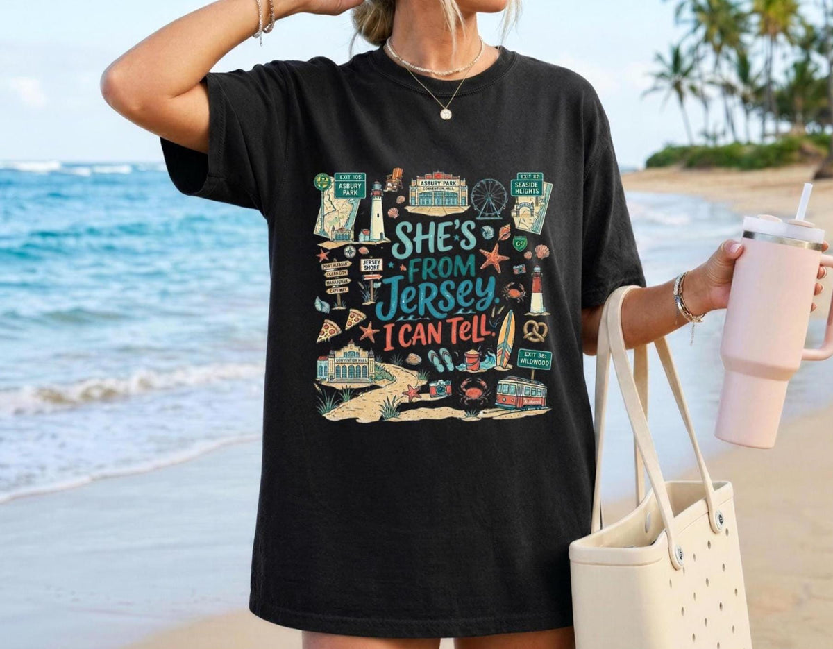She's From Jersey I Can Tell Shirt, Comfort Colors 1717 Jersey Shore Tee, New Jersey Beach Vacation T-Shirt, Coastal Jersey Girl Graphic Tee