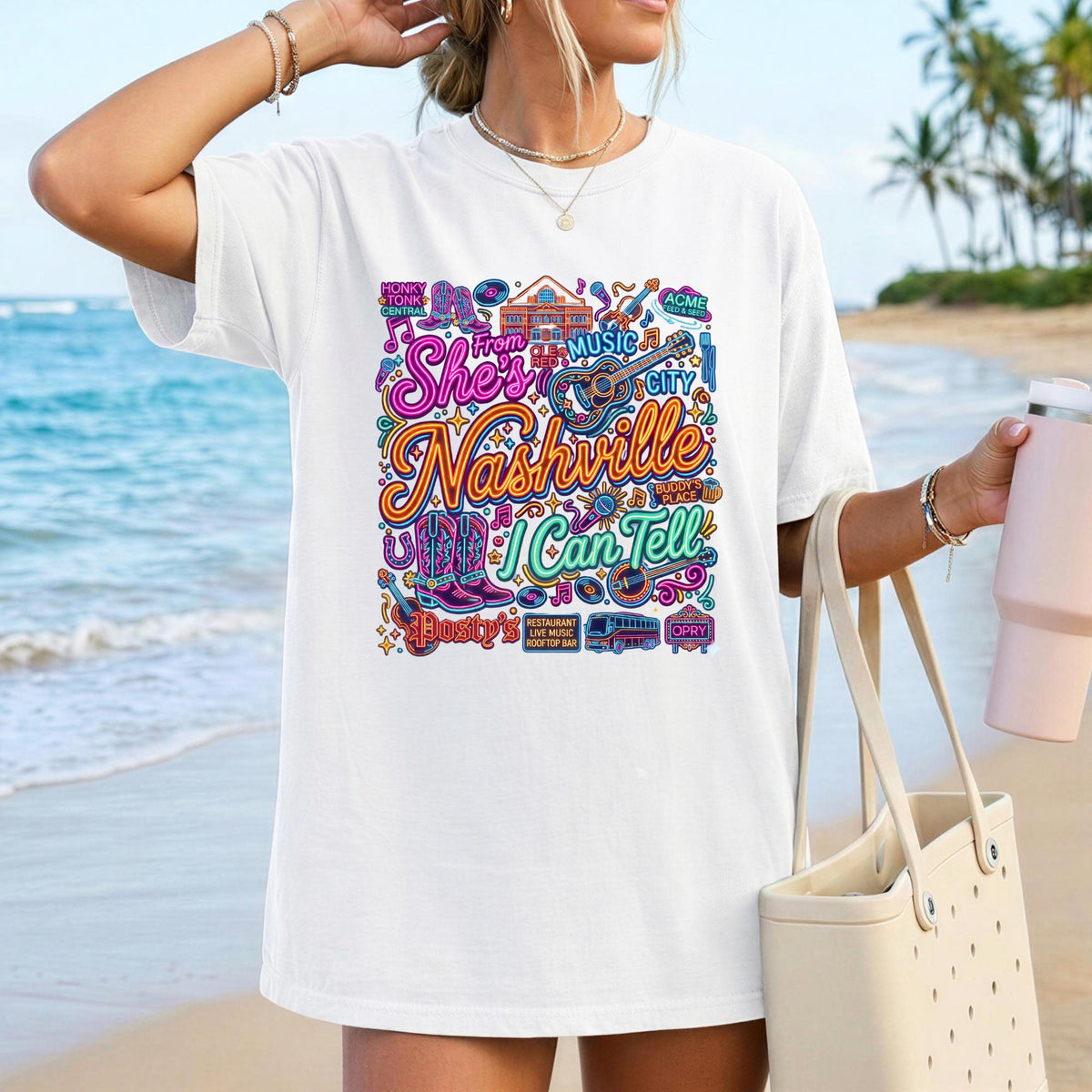 She's From Nashville I Can Tell, Nashville Bachelorette, Bar Neon Graphic Tee, Nashville Girls Trip Shirt,  Neon Country Music T-Shirt