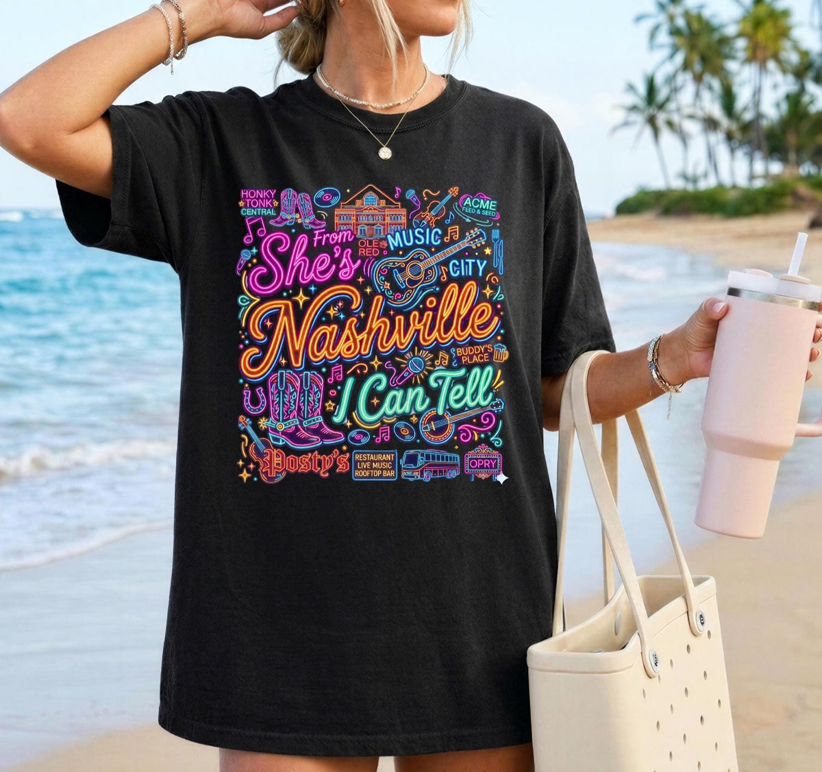 She's From Nashville I Can Tell, Nashville Bachelorette, Bar Neon Graphic Tee, Nashville Girls Trip Shirt,  Neon Country Music T-Shirt