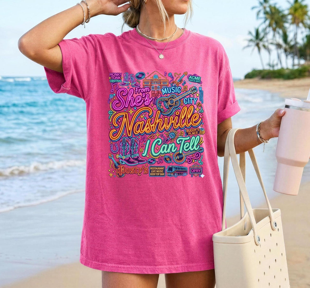 She's From Nashville I Can Tell, Nashville Bachelorette, Bar Neon Graphic Tee, Nashville Girls Trip Shirt,  Neon Country Music T-Shirt