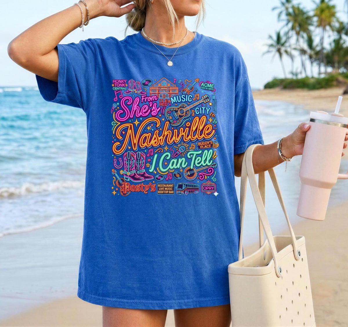 She's From Nashville I Can Tell, Nashville Bachelorette, Bar Neon Graphic Tee, Nashville Girls Trip Shirt,  Neon Country Music T-Shirt