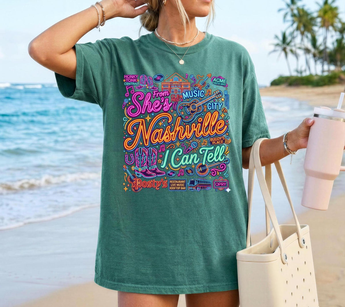 She's From Nashville I Can Tell, Nashville Bachelorette, Bar Neon Graphic Tee, Nashville Girls Trip Shirt,  Neon Country Music T-Shirt