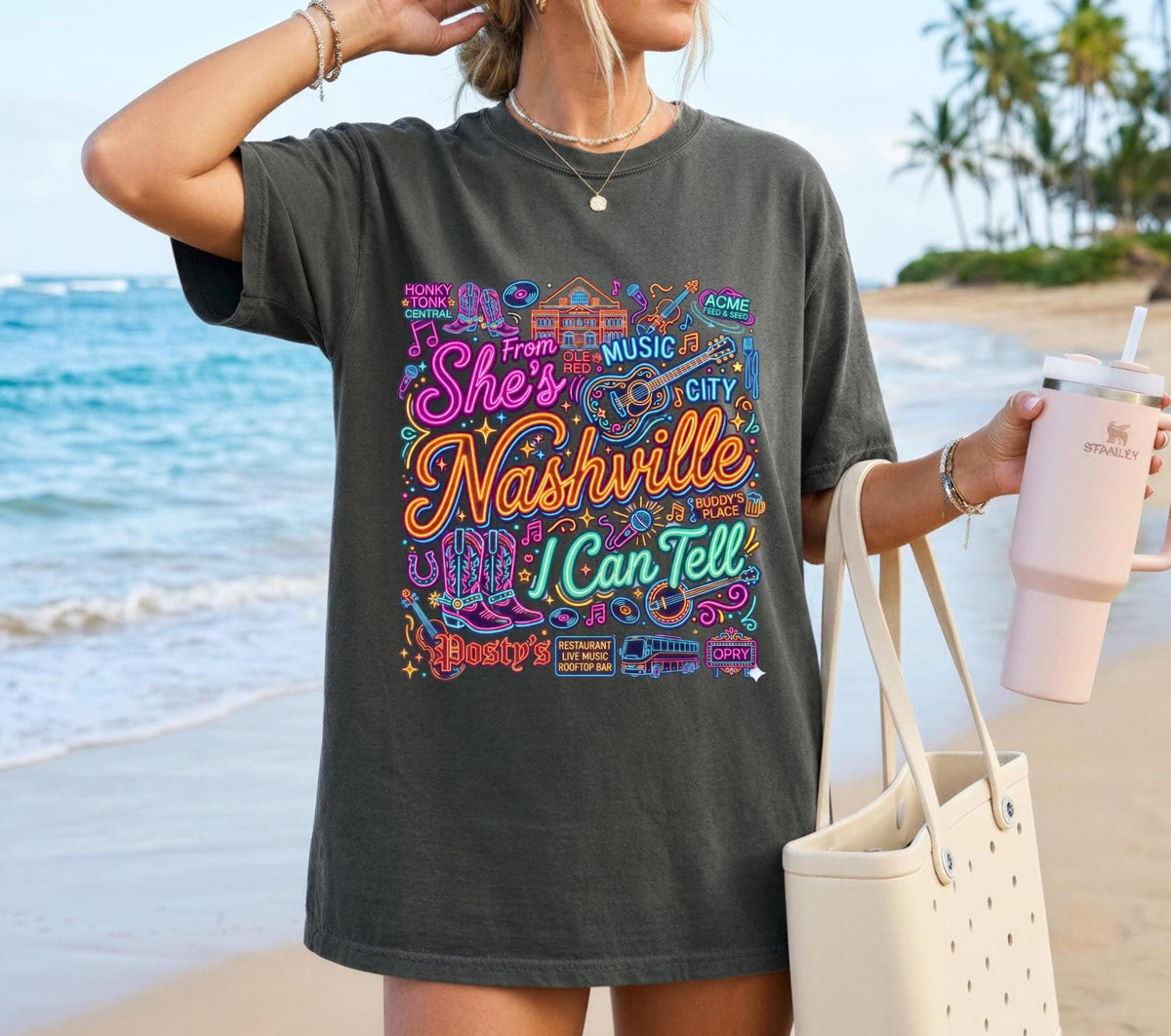 She's From Nashville I Can Tell, Nashville Bachelorette, Bar Neon Graphic Tee, Nashville Girls Trip Shirt,  Neon Country Music T-Shirt
