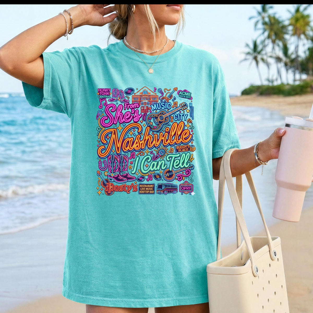 She's From Nashville I Can Tell, Nashville Bachelorette, Bar Neon Graphic Tee, Nashville Girls Trip Shirt,  Neon Country Music T-Shirt