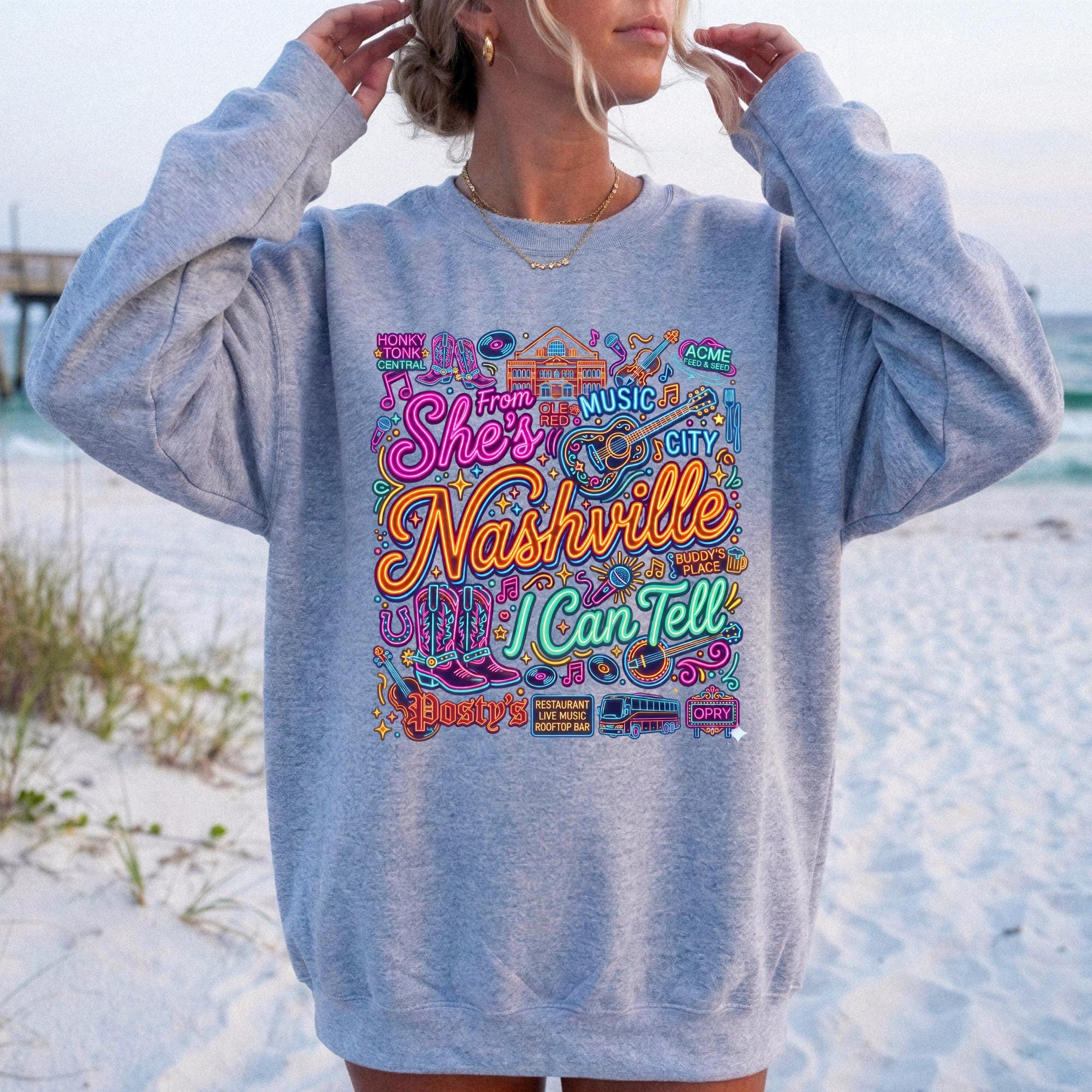 Retro Nashville Crewneck Sweatshirt | She's From Nashville I Can Tell Top,| Country Music City Crewneck, Nashville Bachelorette Girls Trip