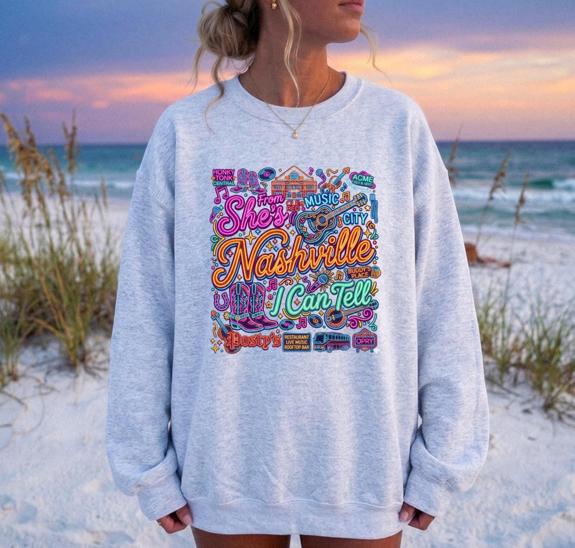 Retro Nashville Crewneck Sweatshirt | She's From Nashville I Can Tell Top,| Country Music City Crewneck, Nashville Bachelorette Girls Trip
