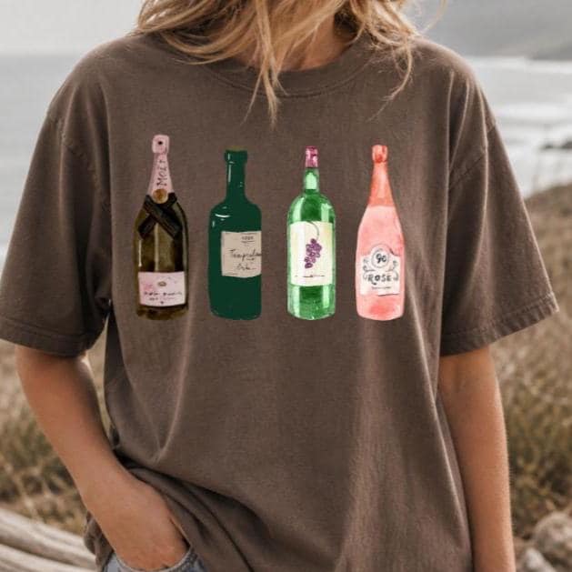 Watercolor Wine Bottles Comfort Colors Shirt | Cute Wine Lover T-Shirt, Coastal Wine Aesthetic, Vineyard Girls Trip Tee
