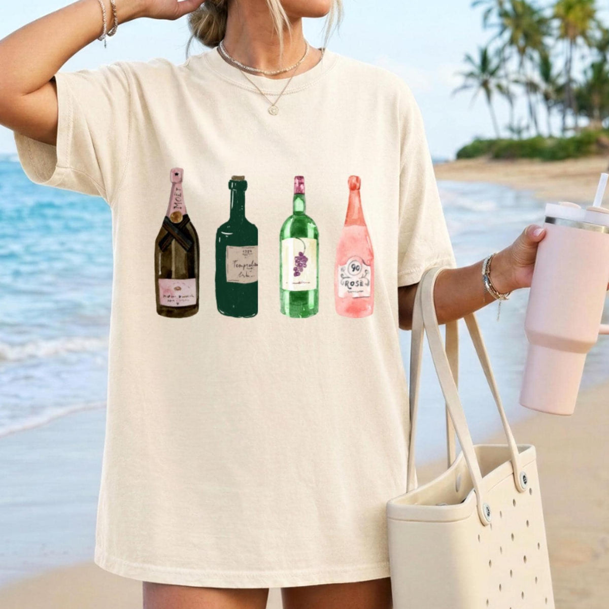 Watercolor Wine Bottles Comfort Colors Shirt | Cute Wine Lover T-Shirt, Coastal Wine Aesthetic, Vineyard Girls Trip Tee