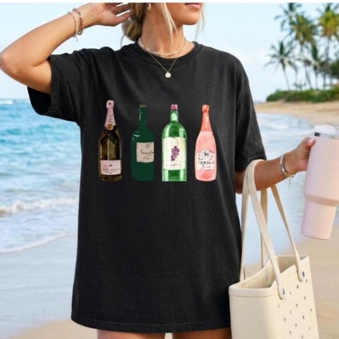 Watercolor Wine Bottles Comfort Colors Shirt | Cute Wine Lover T-Shirt, Coastal Wine Aesthetic, Vineyard Girls Trip Tee