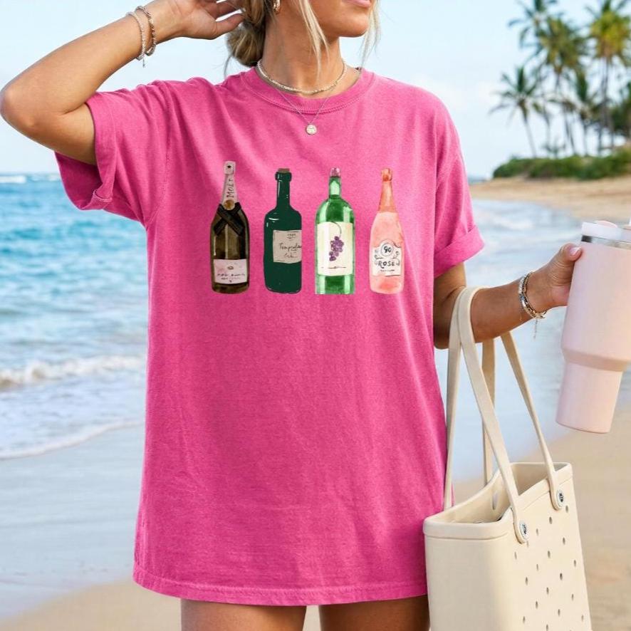Watercolor Wine Bottles Comfort Colors Shirt | Cute Wine Lover T-Shirt, Coastal Wine Aesthetic, Vineyard Girls Trip Tee