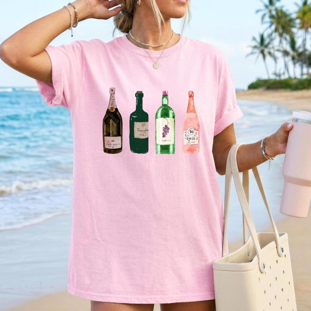 Watercolor Wine Bottles Comfort Colors Shirt | Cute Wine Lover T-Shirt, Coastal Wine Aesthetic, Vineyard Girls Trip Tee
