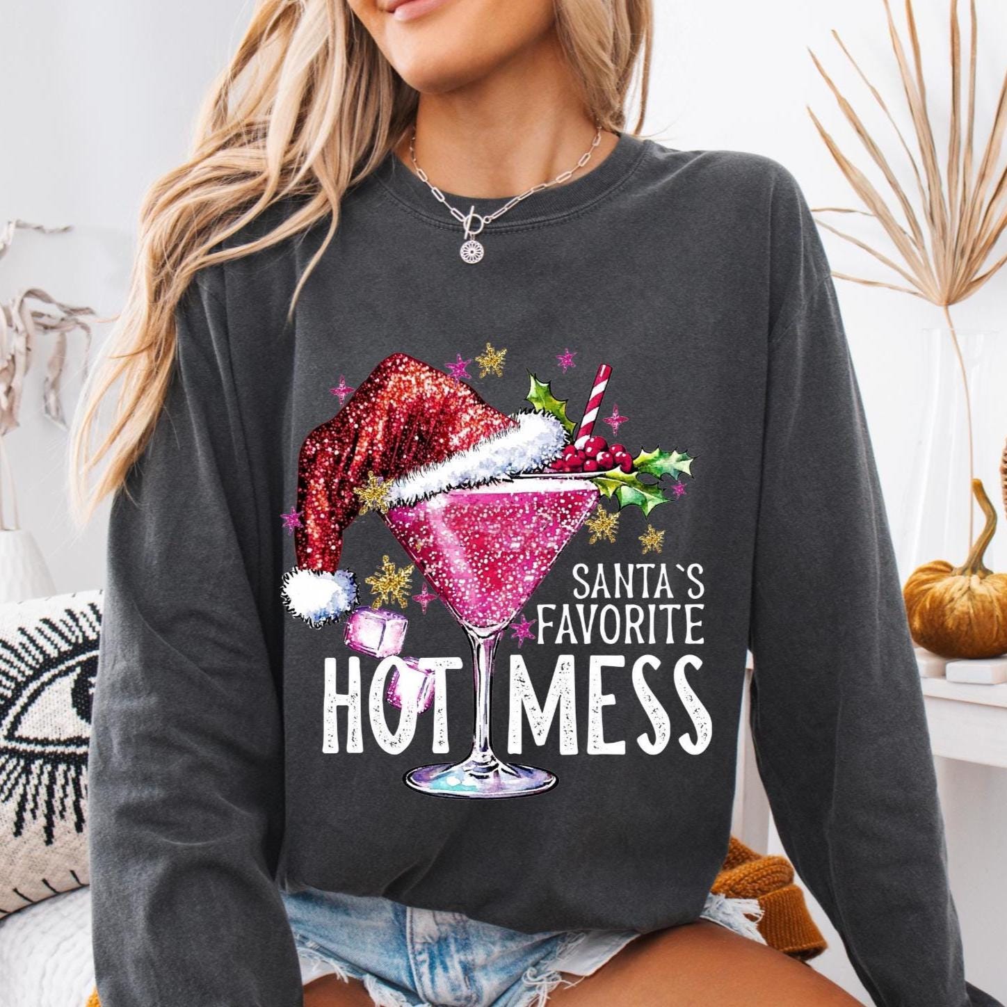 Christmas top, Santa's favorite hot mess long sleeve t-shirt, Holiday Apparel