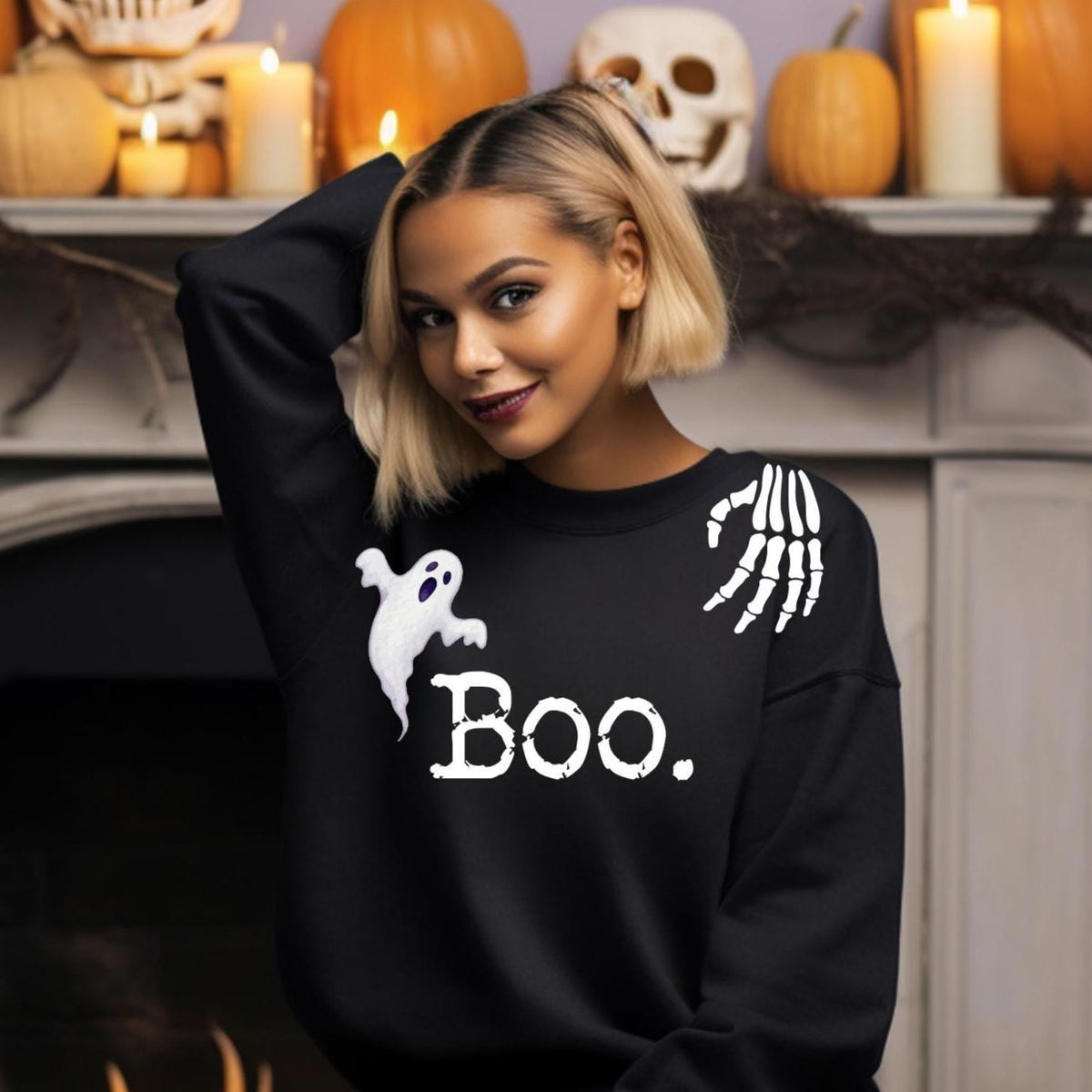 Halloween Sweatshirt Women – Spooky Ghost Skeleton Hand Crewneck, BOO Halloween Sweater