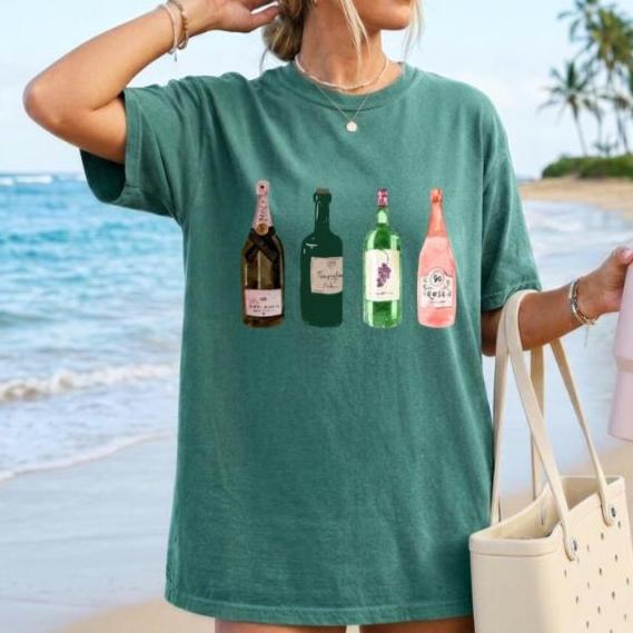 Watercolor Wine Bottles Comfort Colors Shirt | Cute Wine Lover T-Shirt, Coastal Wine Aesthetic, Vineyard Girls Trip Tee