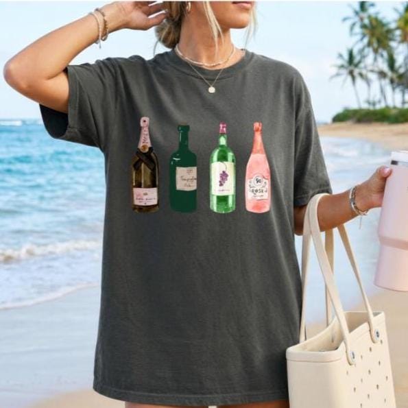 Watercolor Wine Bottles Comfort Colors Shirt | Cute Wine Lover T-Shirt, Coastal Wine Aesthetic, Vineyard Girls Trip Tee
