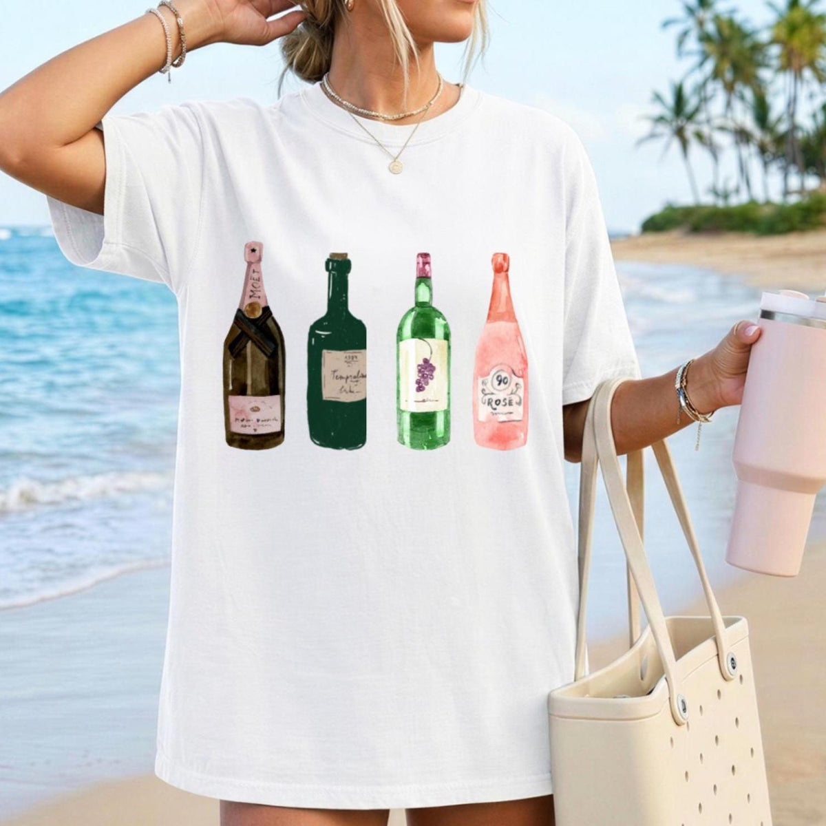 Watercolor Wine Bottles Comfort Colors Shirt | Cute Wine Lover T-Shirt, Coastal Wine Aesthetic, Vineyard Girls Trip Tee