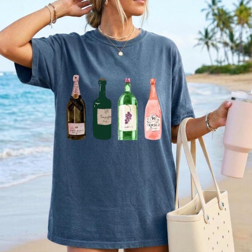 Watercolor Wine Bottles Comfort Colors Shirt | Cute Wine Lover T-Shirt, Coastal Wine Aesthetic, Vineyard Girls Trip Tee