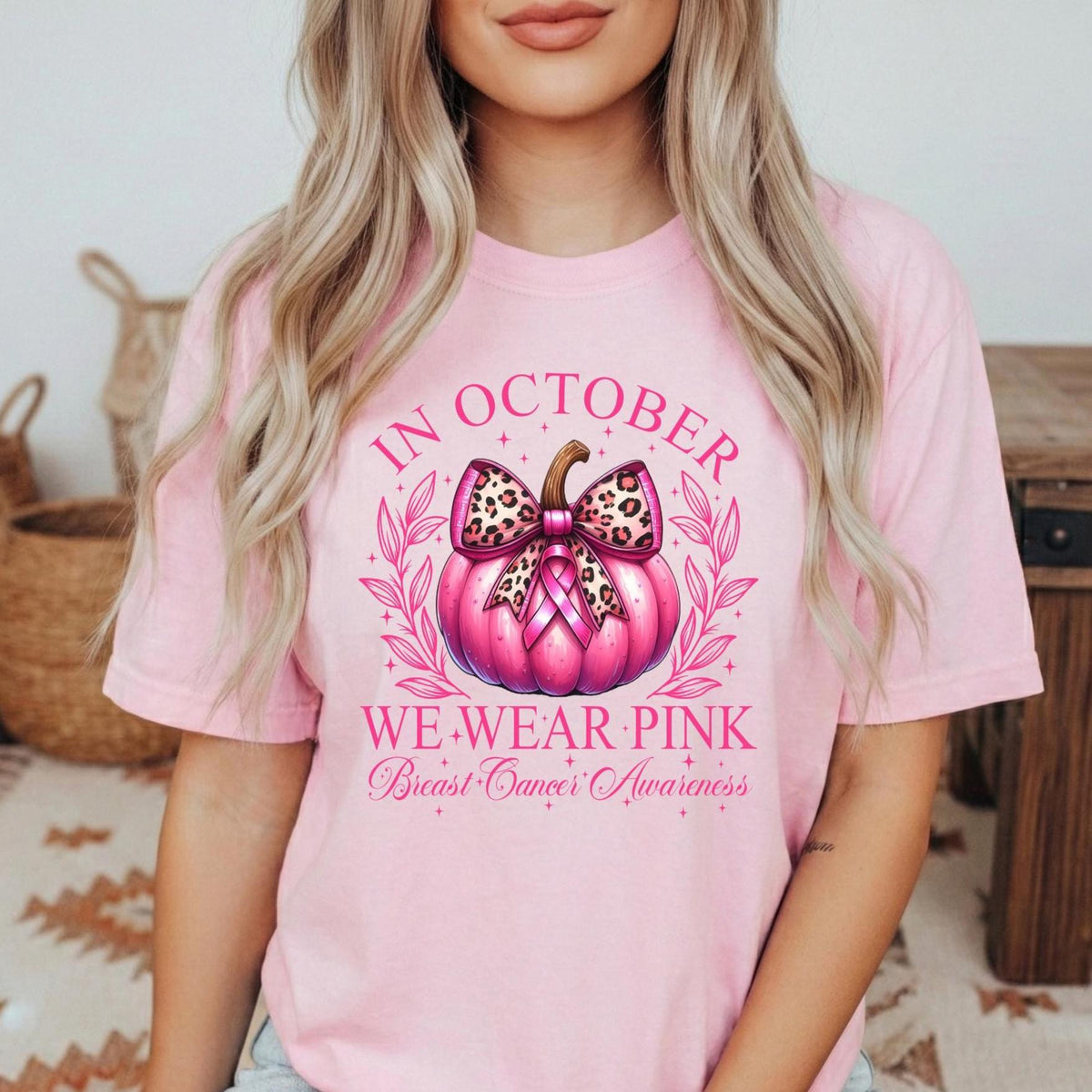 In October We Wear Pink Pumpkin T-shirt,  Breast Cancer Awareness Comfort Colors Short Sleeve T-shirt, Support Squad Apparel