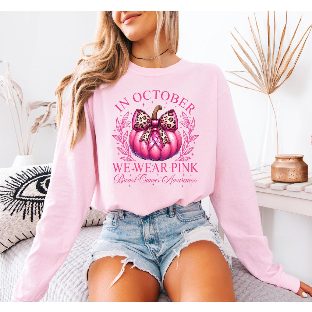 In October We Wear Pink Pumpkin T-shirt,  Breast Cancer Awareness Comfort Colors Long Sleeve T-shirt, Support Squad Apparel