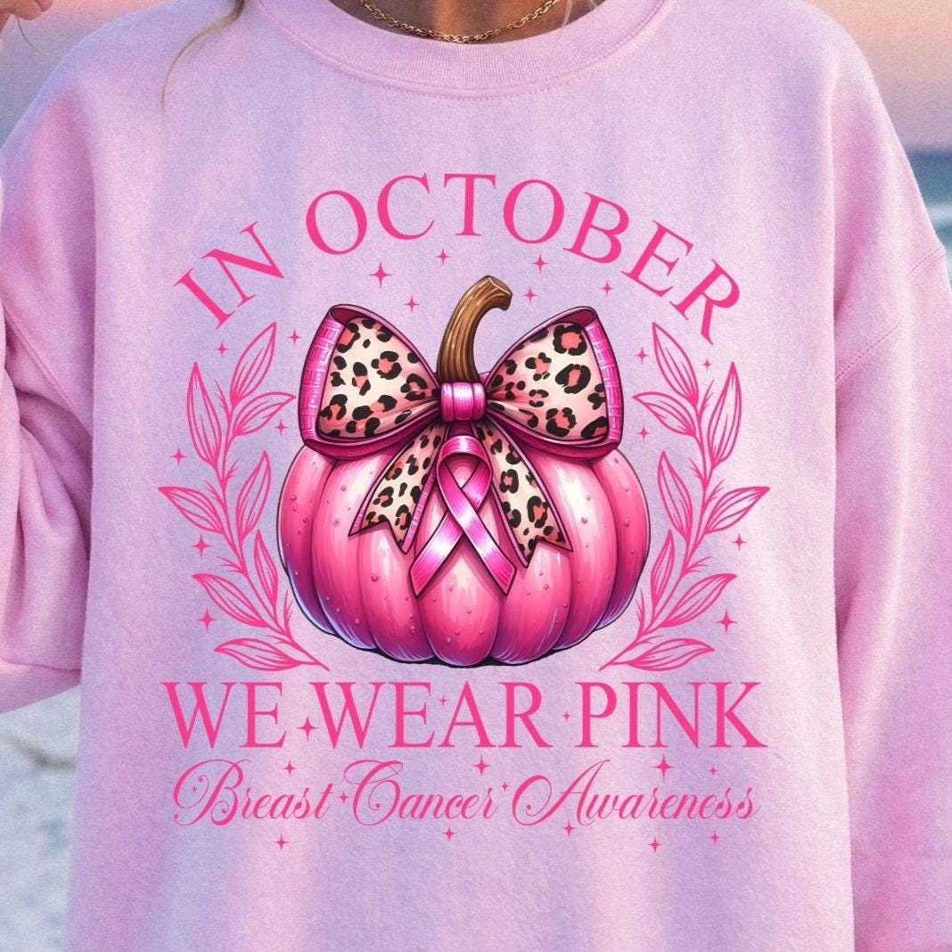 In October We Wear Pink Pumpkin Gildan Sweatshirt,  Breast Cancer Awareness Comfort Colors Short Sleeve T-shirt, Support Squad Apparel