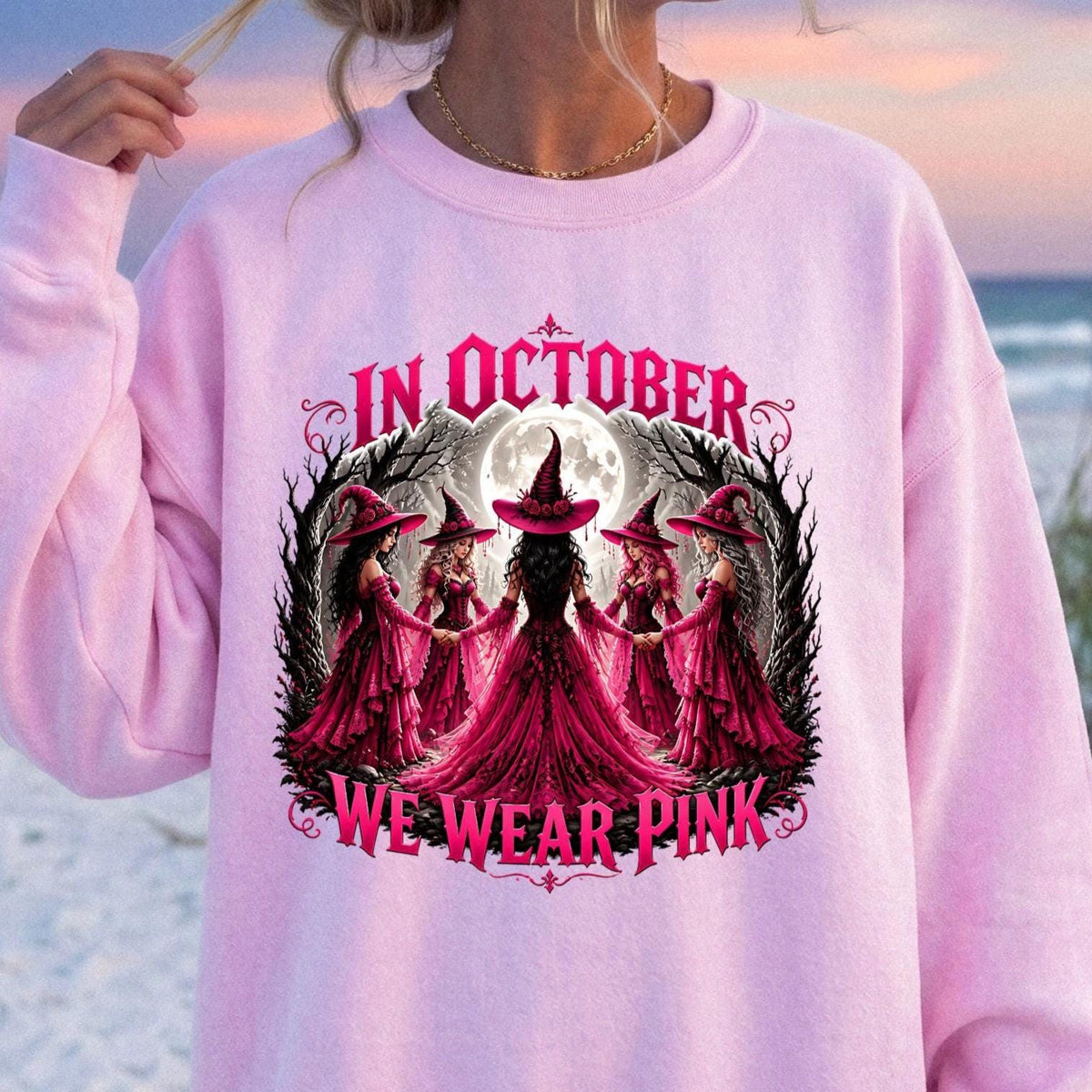 In October We Wear Pink, Cute Witchy Gothic Tee,  Support Squad Top, Comfort Colors, Gildan