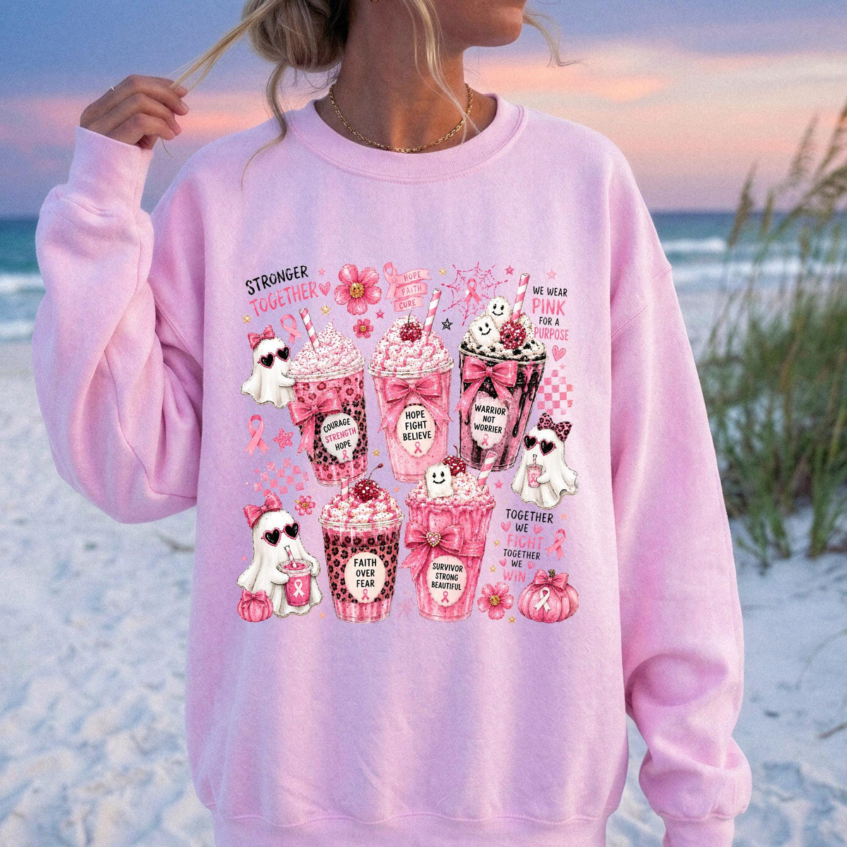 Pink Ghost Halloween Sweatshirt – Breast Cancer Awareness Shirt, Pink Ribbon Halloween Crewneck