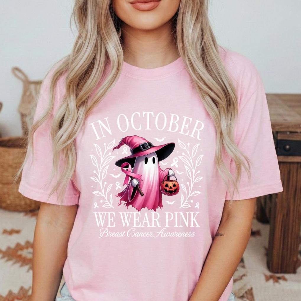 In October We Wear Pink Ghost T-shirt,  Breast Cancer Awareness Comfort Colors Short Sleeve T-shirt, Support Squad Apparel
