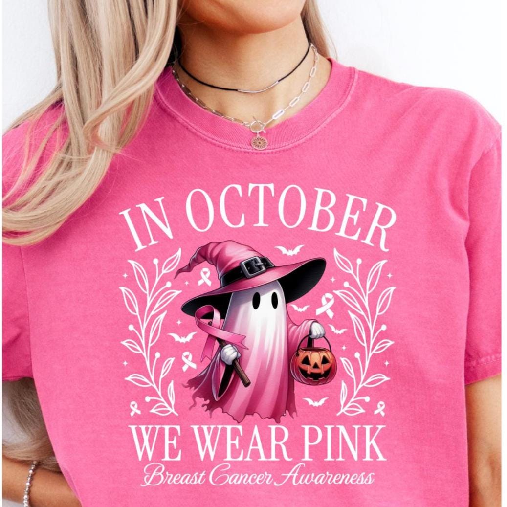 In October We Wear Pink Ghost T-shirt,  Breast Cancer Awareness Comfort Colors Short Sleeve T-shirt, Support Squad Apparel