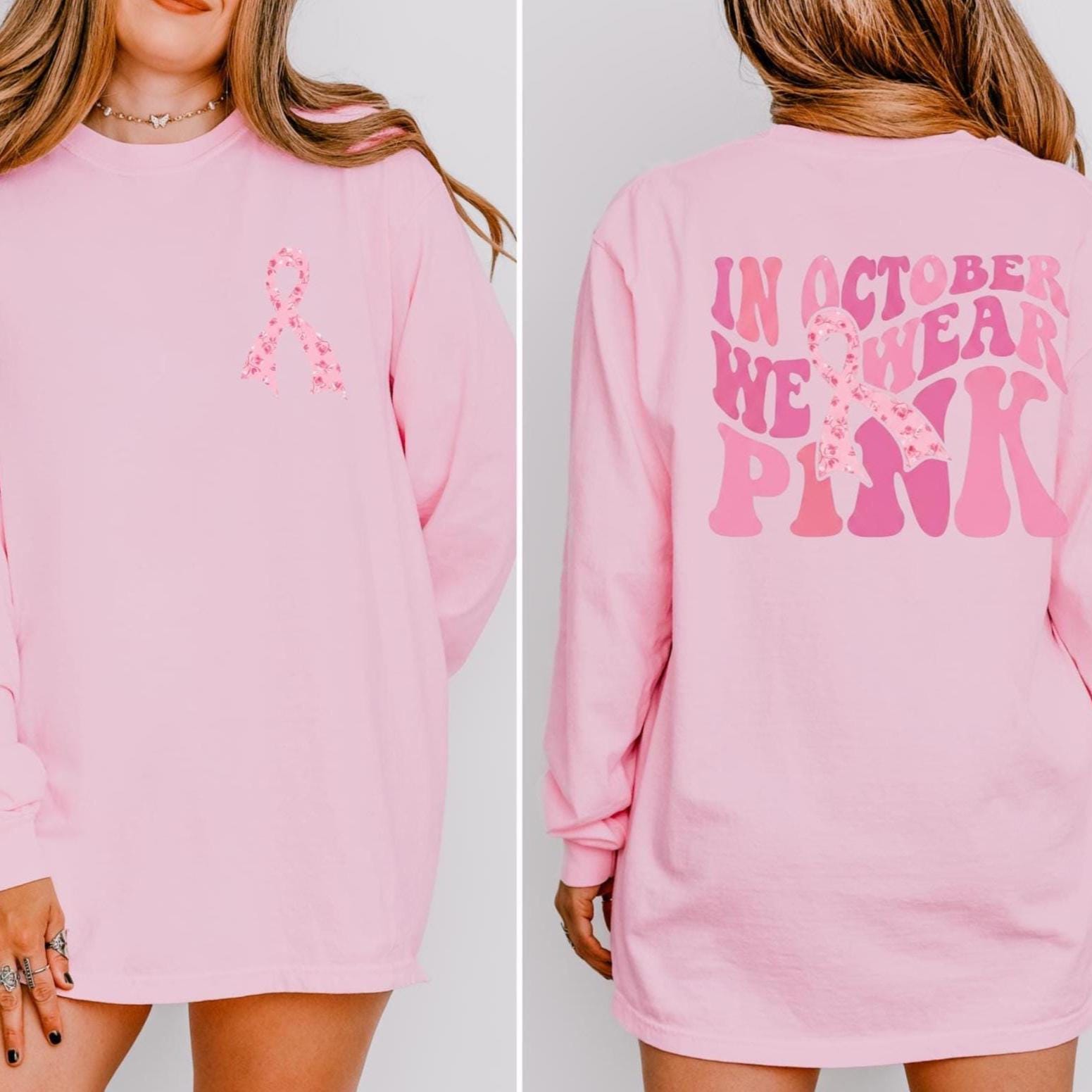 Breast Cancer Awareness Comfort Colors Long Sleeve T-shirt: Retro Pink Ribbon