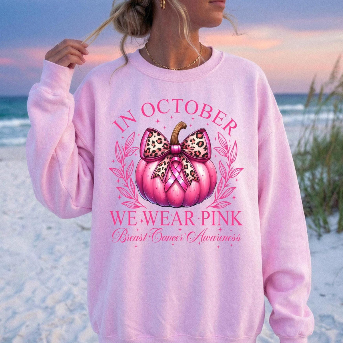 In October We Wear Pink Pumpkin Gildan Sweatshirt,  Breast Cancer Awareness Comfort Colors Short Sleeve T-shirt, Support Squad Apparel