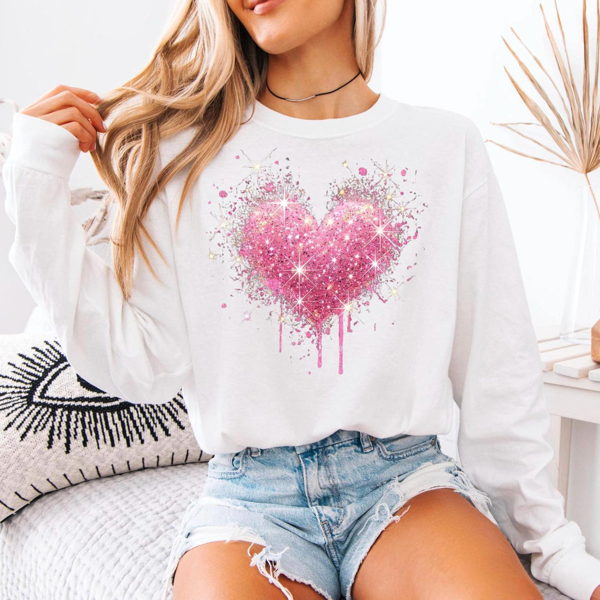 Pink Splattered Heart Valentine's Day Long Sleeve Comfort Colors T-shirt