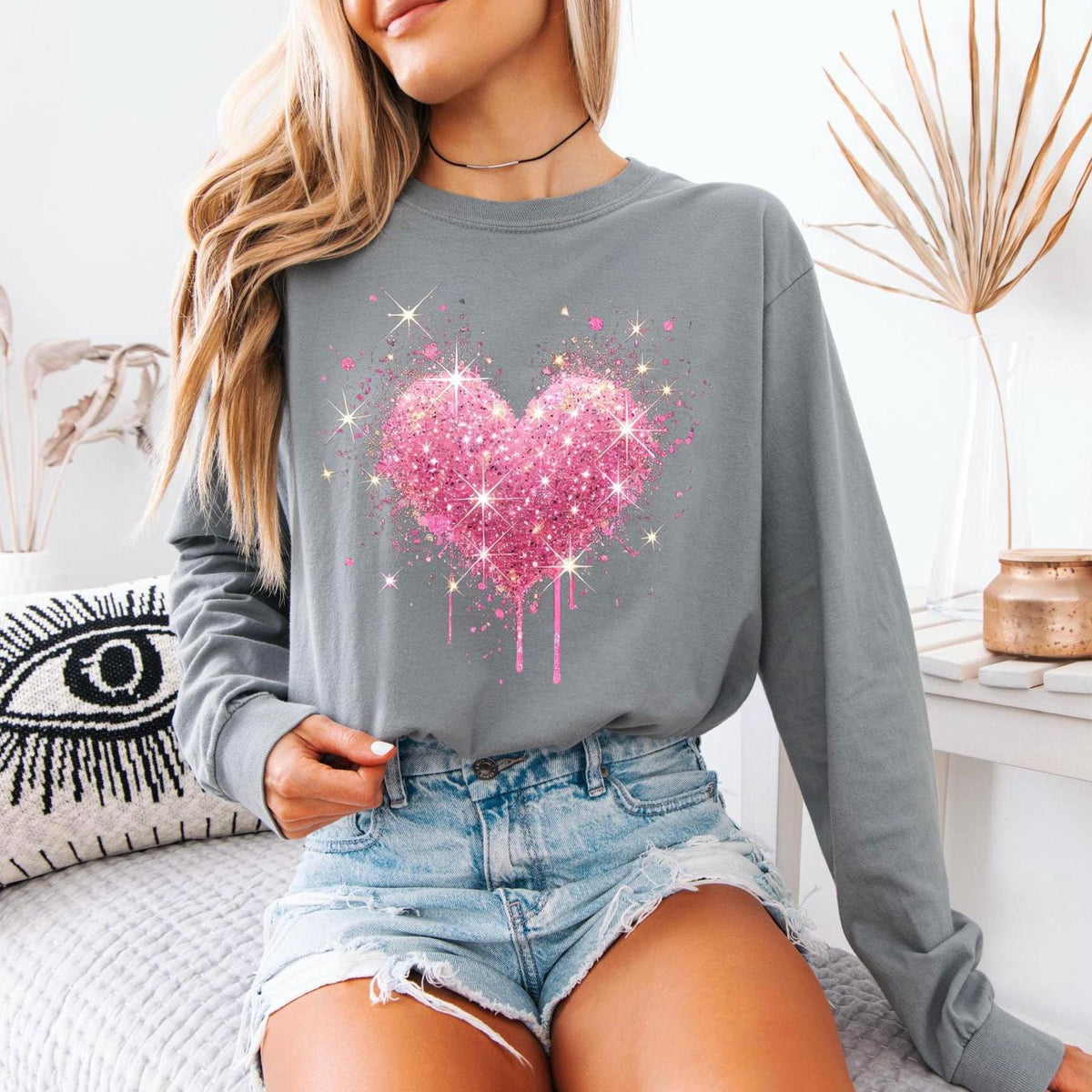 Pink Splattered Heart Valentine's Day Long Sleeve Comfort Colors T-shirt