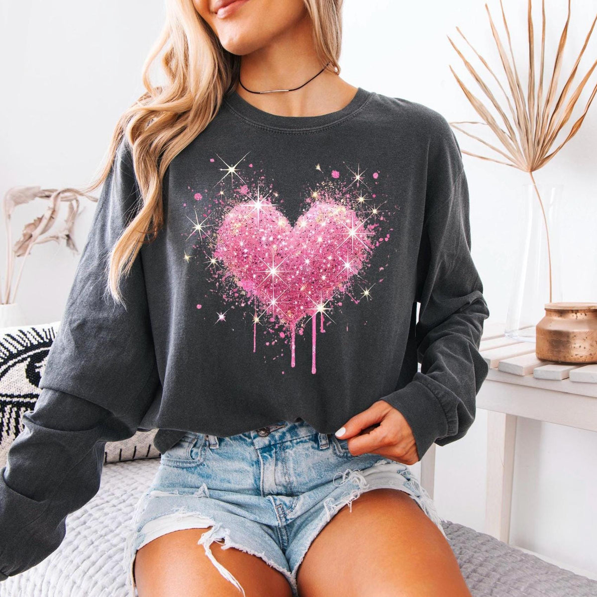 Pink Splattered Heart Valentine's Day Long Sleeve Comfort Colors T-shirt