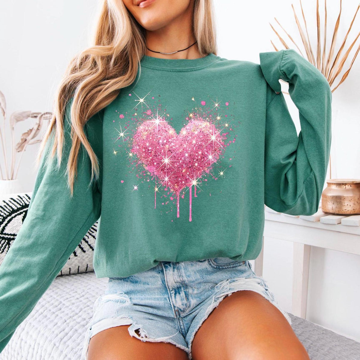 Pink Splattered Heart Valentine's Day Long Sleeve Comfort Colors T-shirt