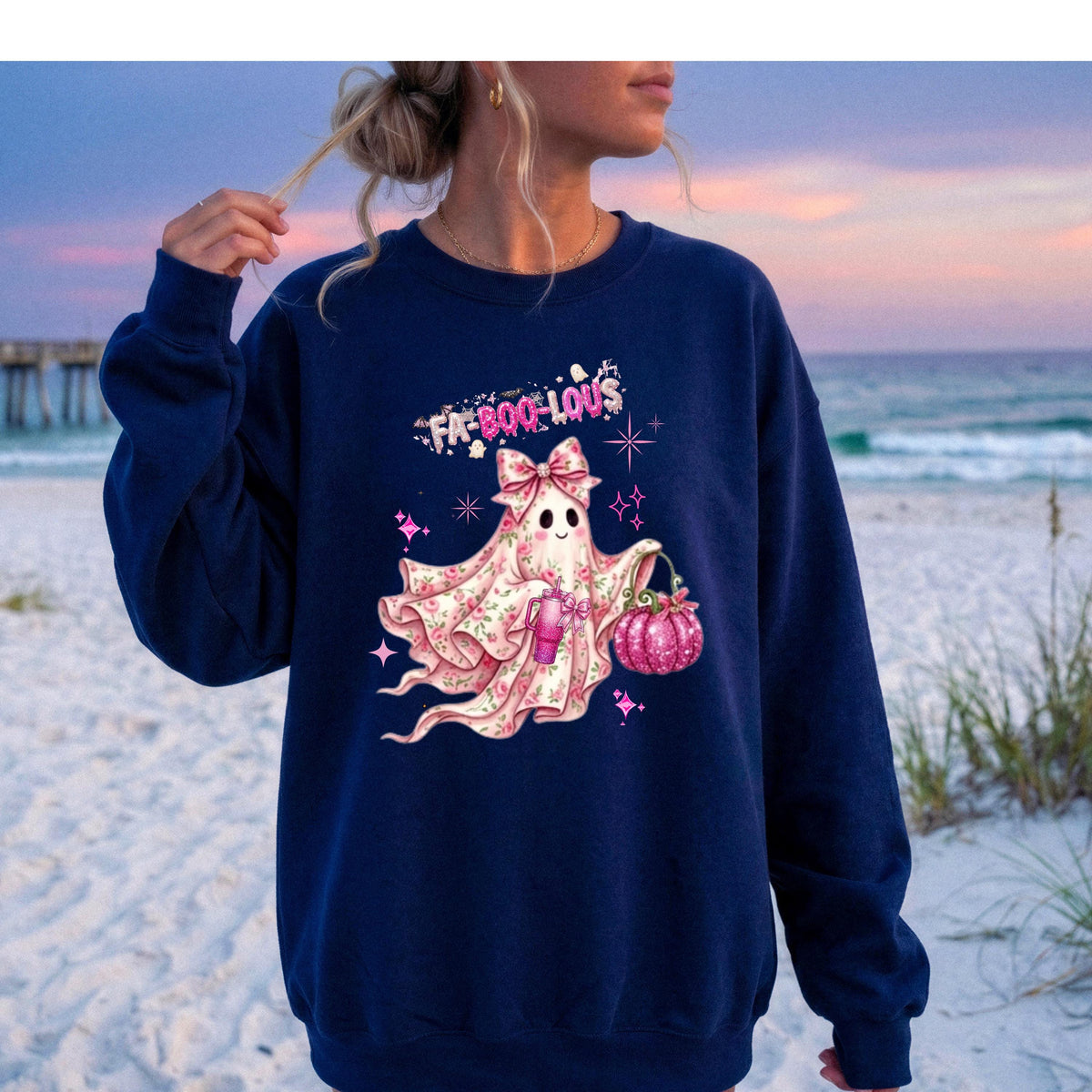 Fa-BOO-lous Pink Ghost Sweatshirt – Coquette Floral Ghost Sweatshirt, Comfort Colors Long Sleeve Tee, Preppy Halloween Aesthetic Shirt