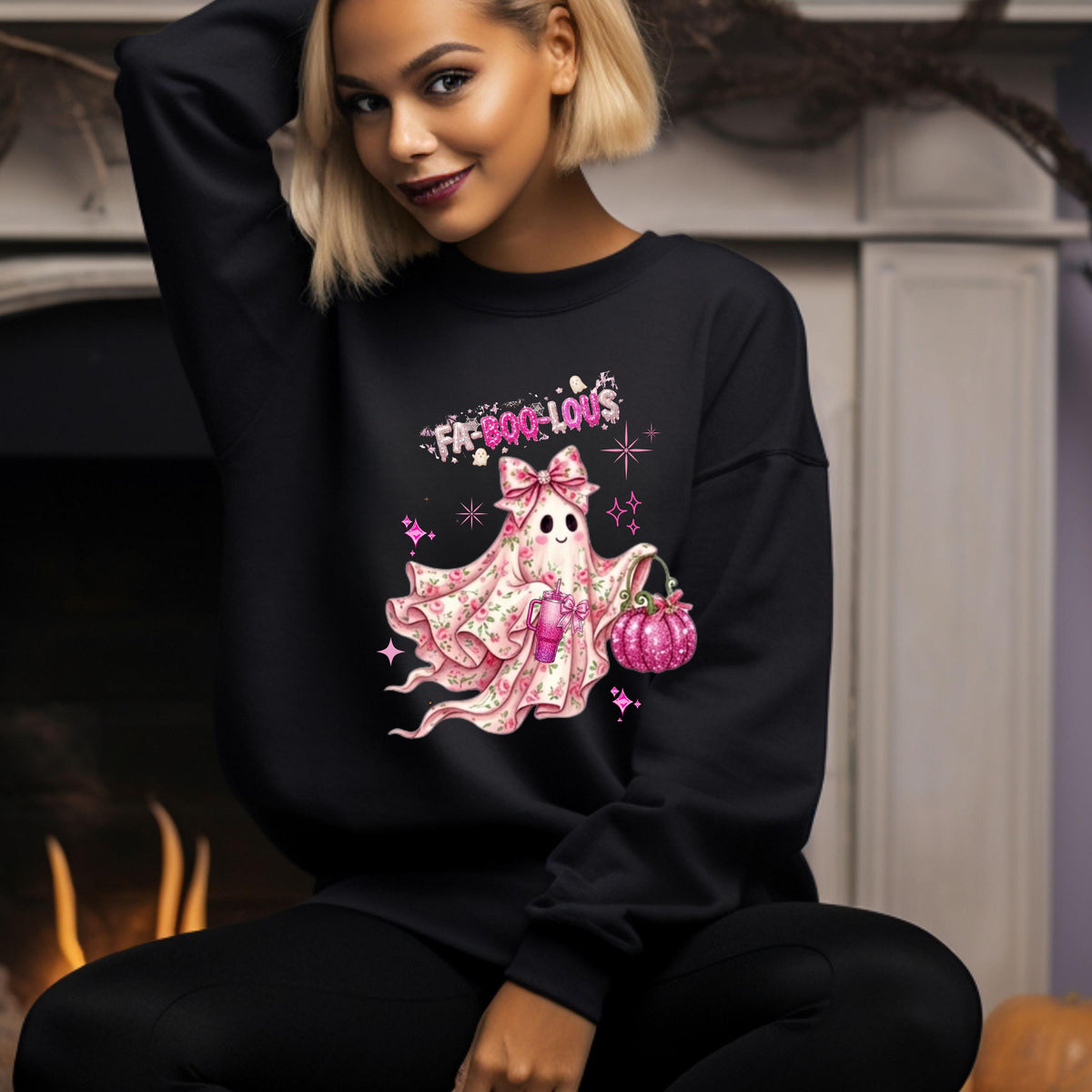 Fa-BOO-lous Pink Ghost Sweatshirt – Coquette Floral Ghost Sweatshirt, Comfort Colors Long Sleeve Tee, Preppy Halloween Aesthetic Shirt