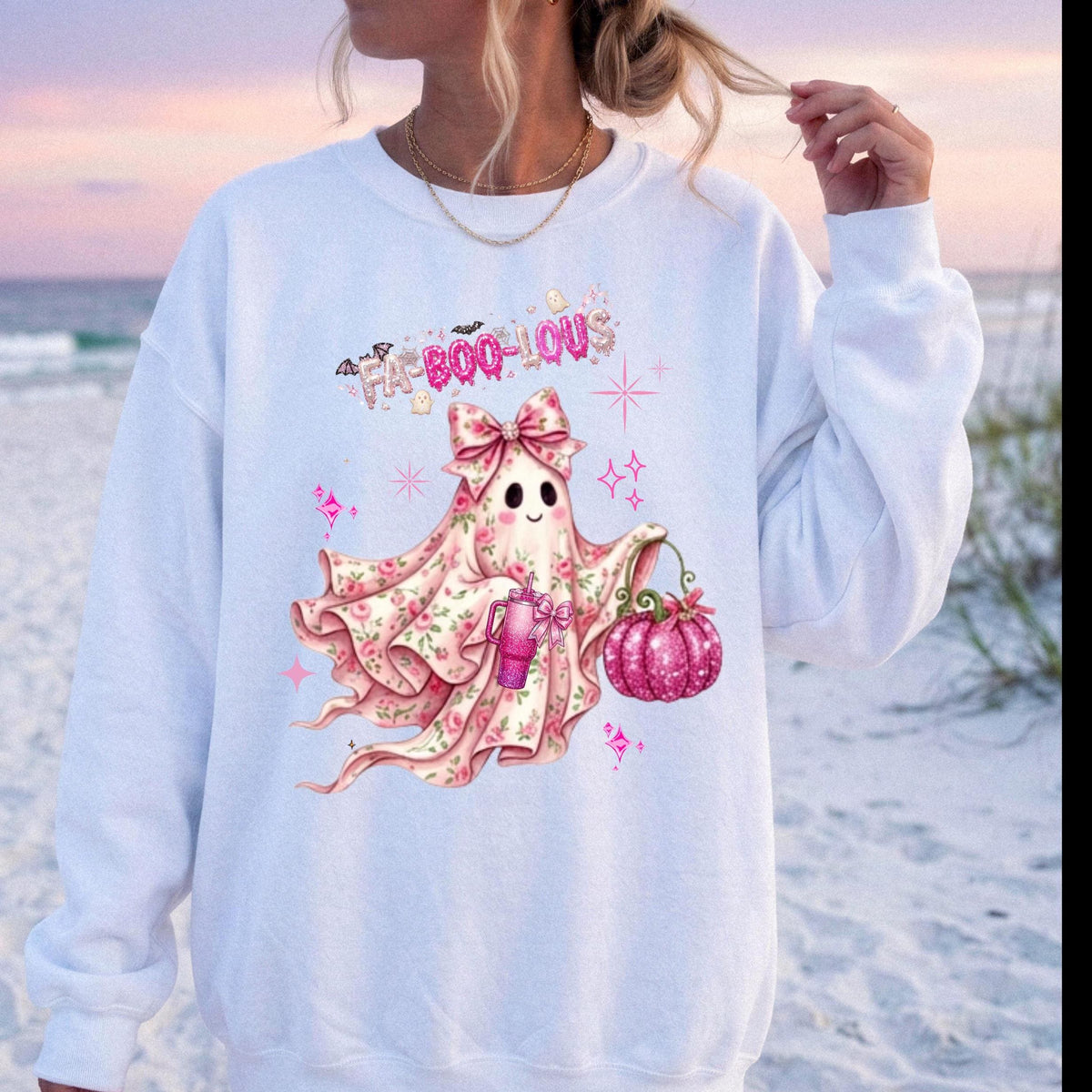 Fa-BOO-lous Pink Ghost Sweatshirt – Coquette Floral Ghost Sweatshirt, Comfort Colors Long Sleeve Tee, Preppy Halloween Aesthetic Shirt