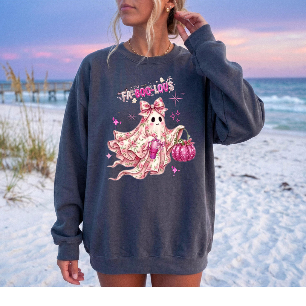 Fa-BOO-lous Pink Ghost Sweatshirt – Coquette Floral Ghost Sweatshirt, Comfort Colors Long Sleeve Tee, Preppy Halloween Aesthetic Shirt